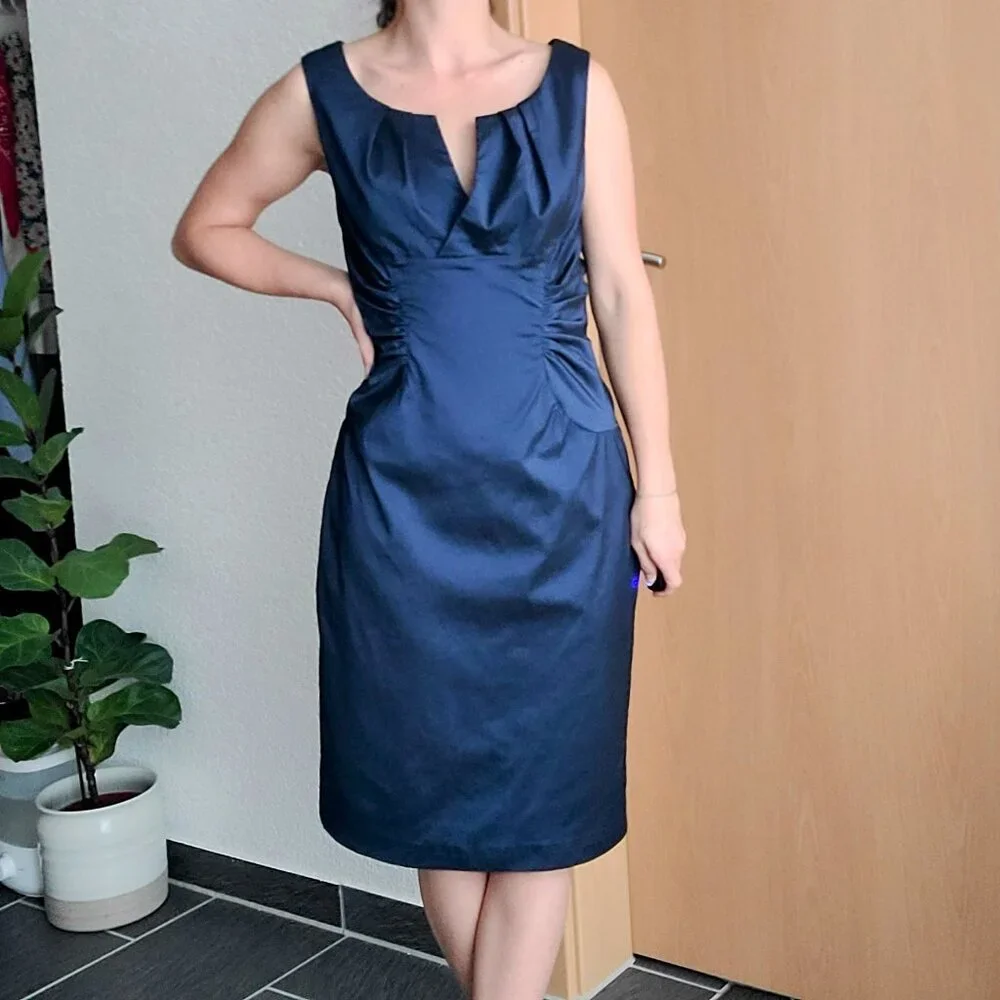 Adrianna Papell Taffeta Metallic Navy Blue Sleeveless Knee Length Evening Dress - Picture 2 of 13